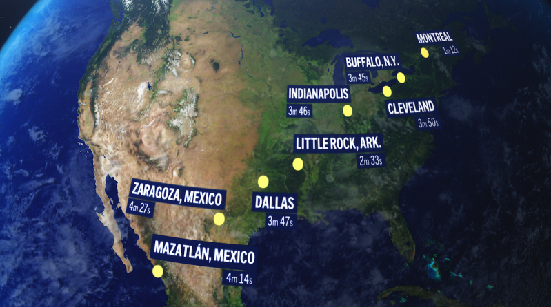 map showing length of solar eclipse time in various world cities